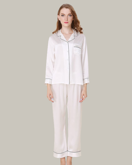 White Contrast Piping Long PJ Set