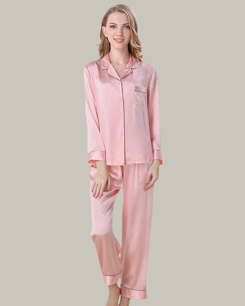 Pink Contrast Piping Long PJ Set