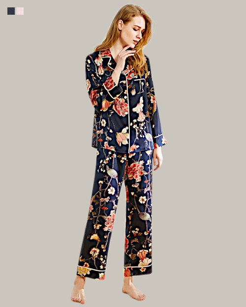 Floral Long PJ Set In Dark Blue