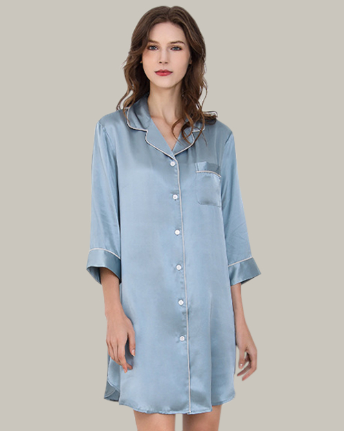 White Piping Blue Mini Shirt Dress