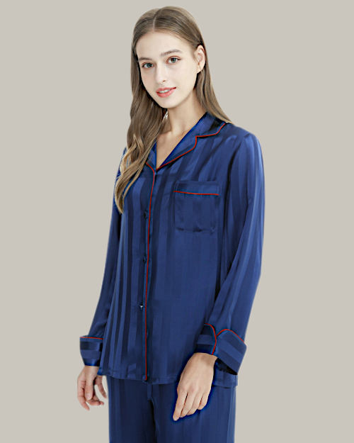 Navy Blue Pinstripe Plaid Long PJ Set