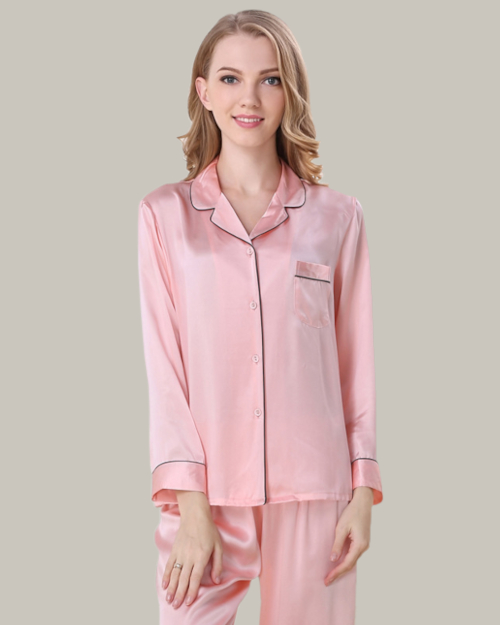 Pink Contrast Piping Long PJ Set