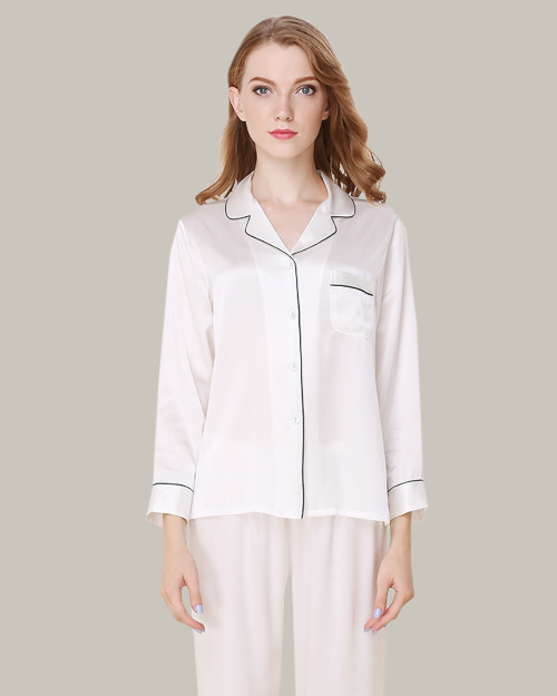 White Contrast Piping Long PJ Set