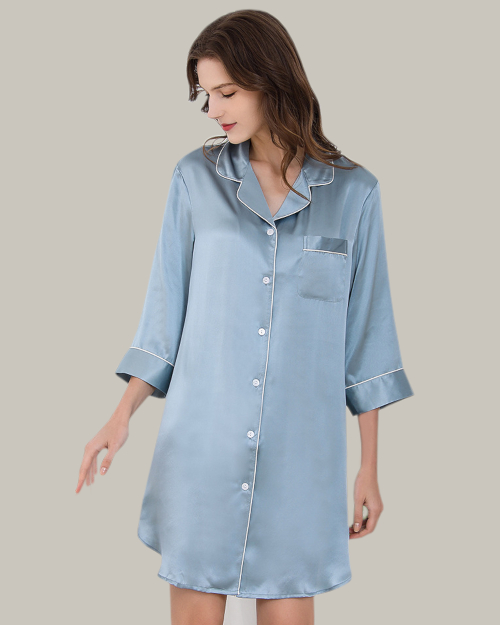 White Piping Blue Mini Shirt Dress