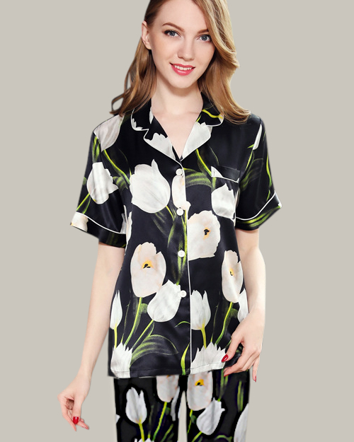 White Tulips PJ Set in Black